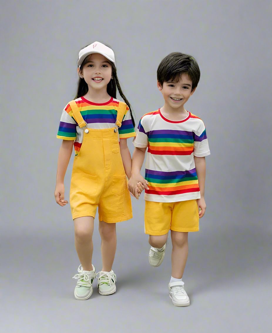 Family of four wearing matching rainbow-striped outfits with yellow shorts, a fun and stylish summer look - matching top for family