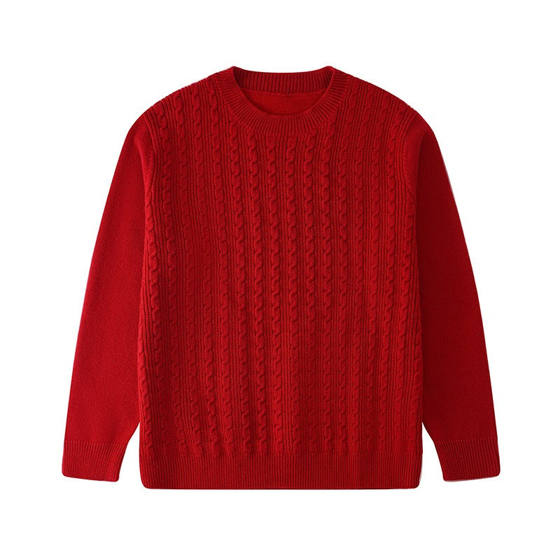 Family of four wearing matching red cable knit sweaters with gold buttons and black accents, perfect for festive gathering