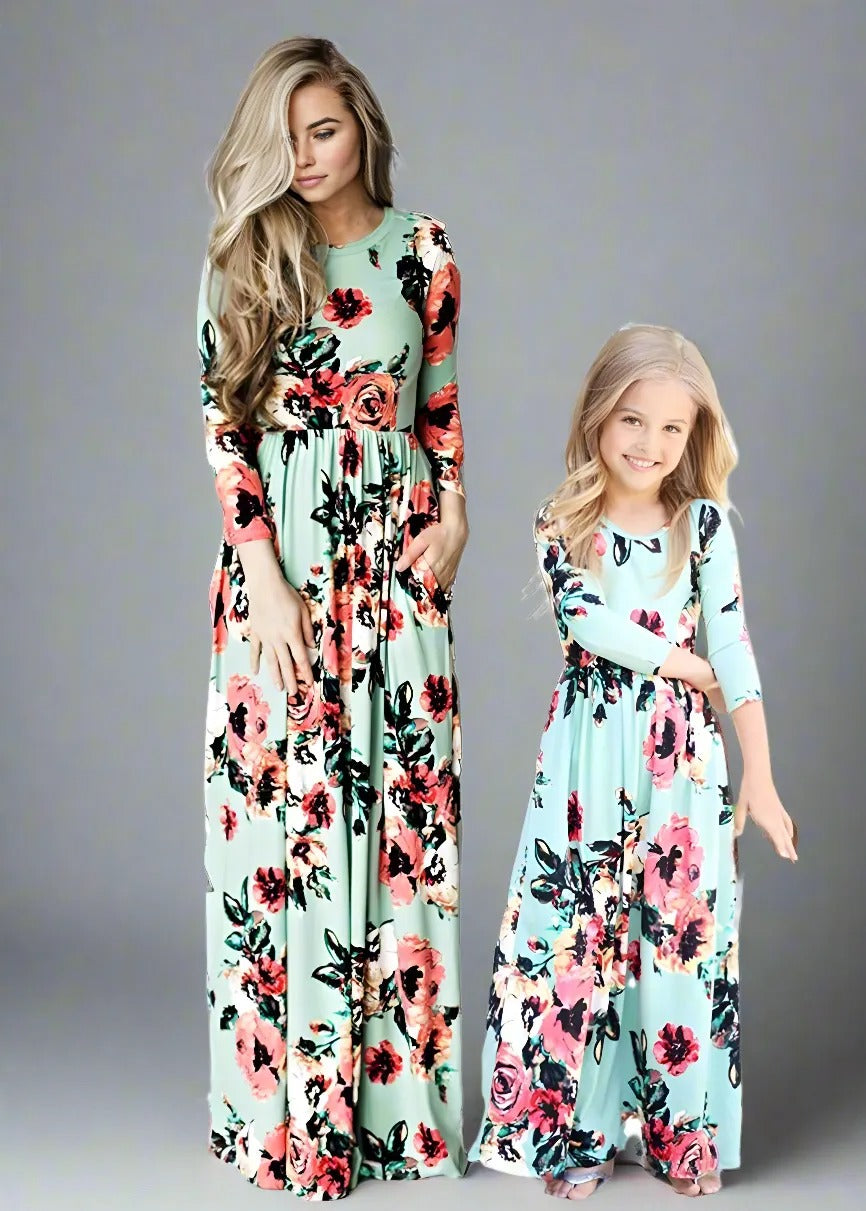 Mommy and me green floral maxi dresses, ideal for family events and photoshoots