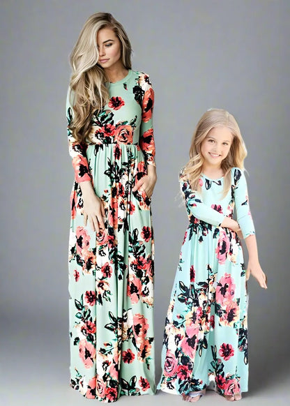 Mommy and me green floral maxi dresses, ideal for family events and photoshoots