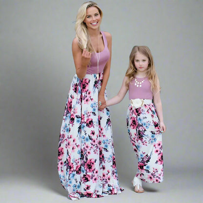 Mommy and me matching floral maxi dresses, styled for summer outings