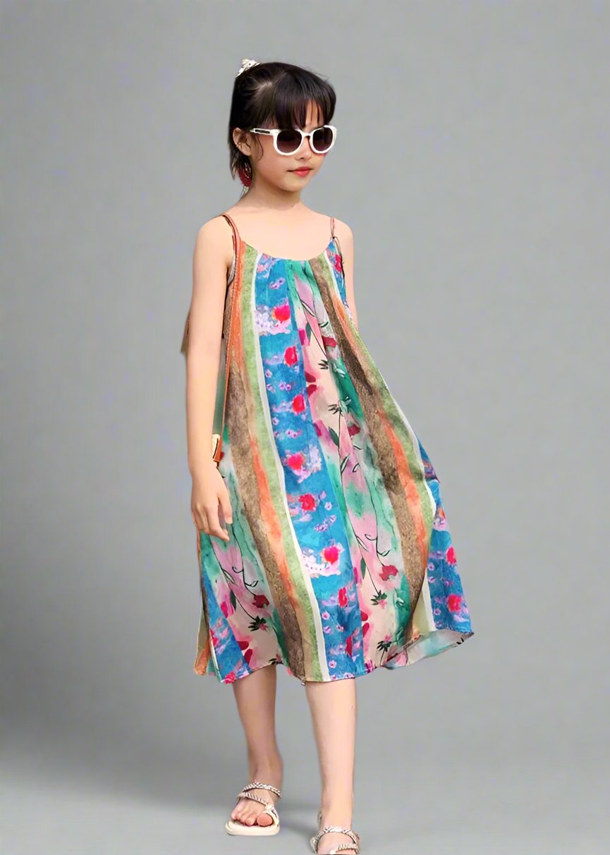Vibrant floral and stripe print matching dresses for mother and daughter