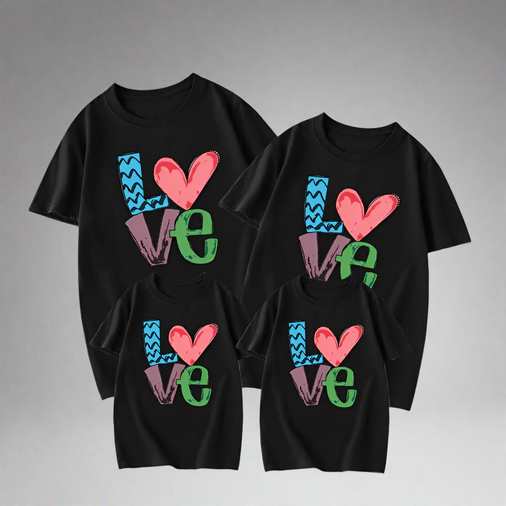 Coordinated family matching shirts with 'LOVE' in artistic block letter