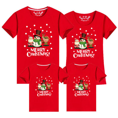 Bright red family holiday shirts with Merry Christmas text and festive design