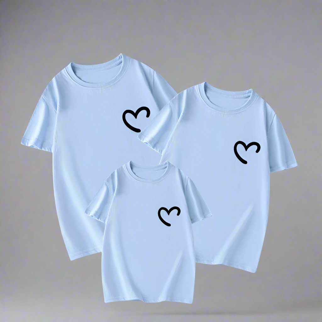Matching family shirts with minimalist heart design in blue, pink, black, and white