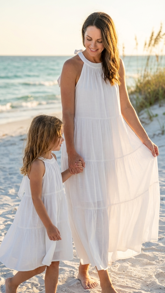 Mommy and Me French Halter Neck Tiered Dress in White - matching swimsuit for family