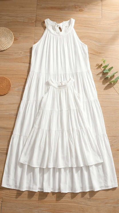 Mommy and Me French Halter Neck Tiered Dress in White photo 2