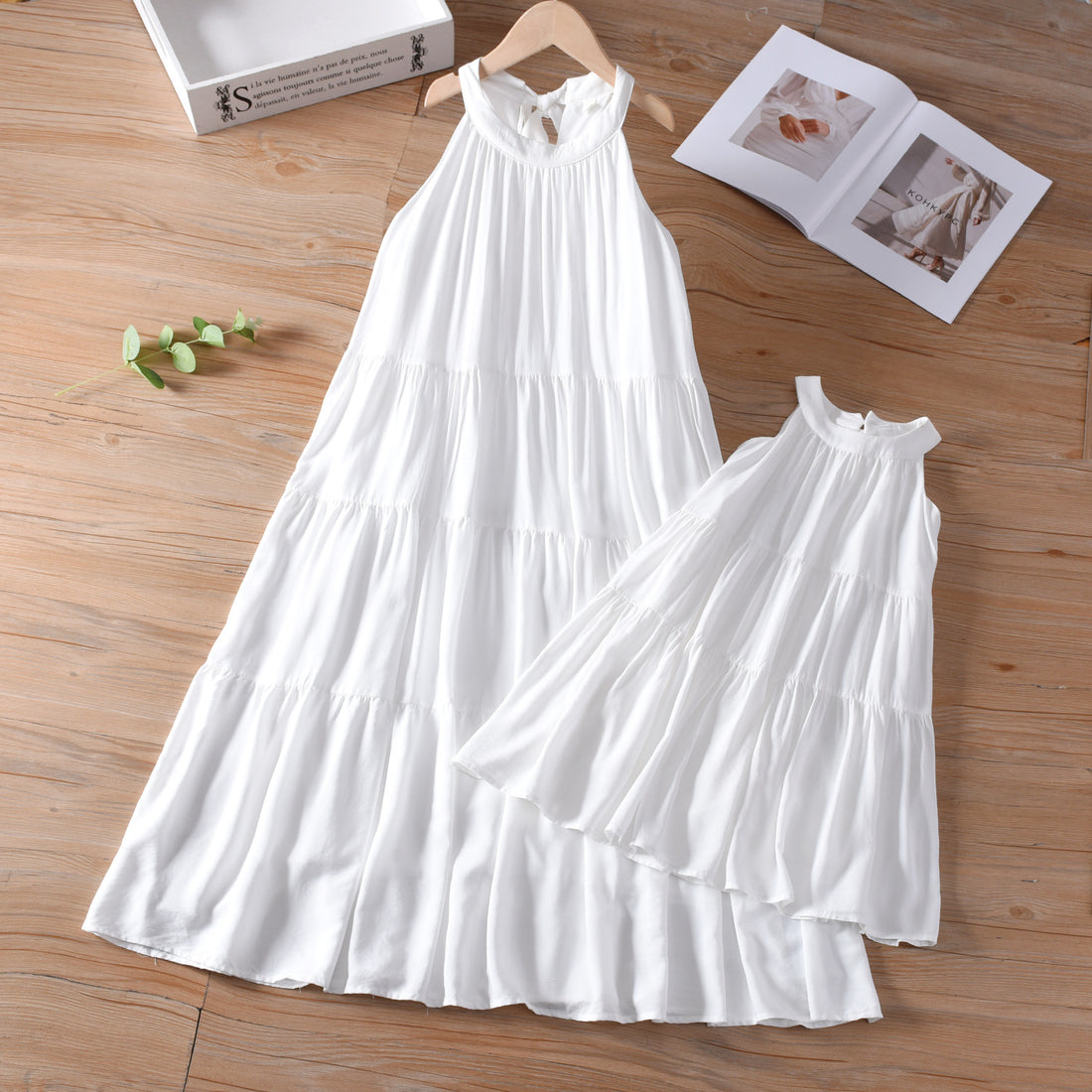 Mommy and Me French Halter Neck Tiered Dress in White photo 5