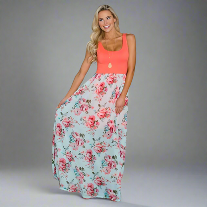 Mommy and me matching orange floral maxi dresses, ideal for family gatherings