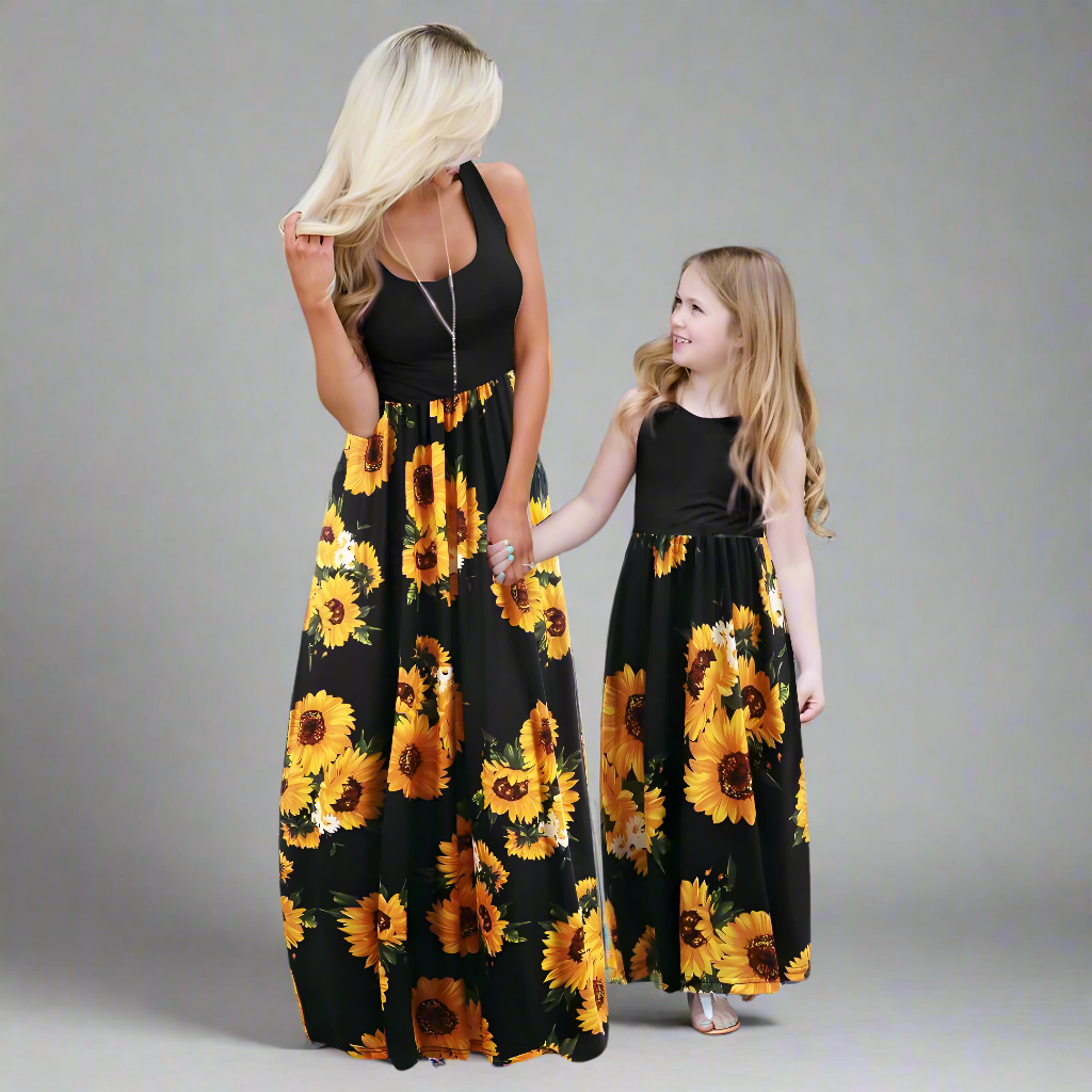 Mommy and me in sunflower maxi dresses, black and yellow color theme