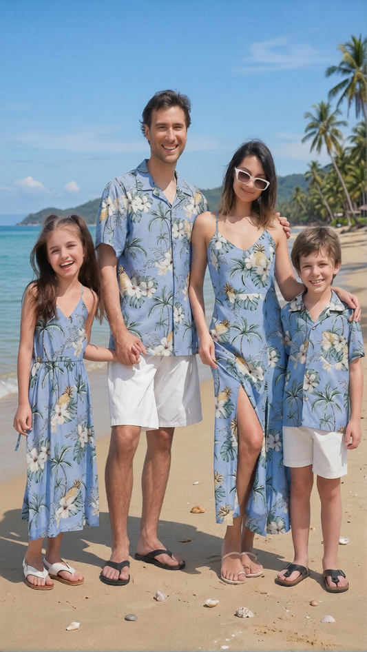 Product image of family matching shirts with blue floral print - matching swimsuit for family
