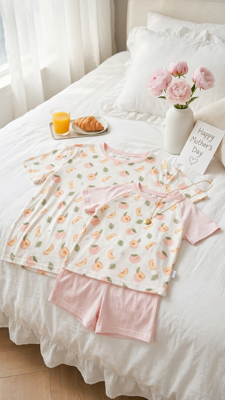 Peach Sweetheart Mommy and Me Pajamas — Short-Sleeve Set in Beige photo 4