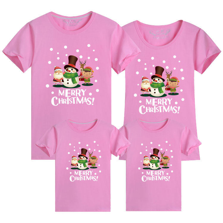 Coordinated pink family t-shirts with snowman, reindeer, and Christmas theme