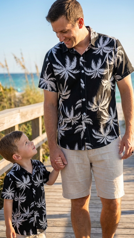 Product image of family matching t-shirts with tropical print - matching swimsuit for family