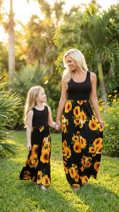 Matching Mommy & Me Sunflower Maxi Dresses Sleevele... | DLM