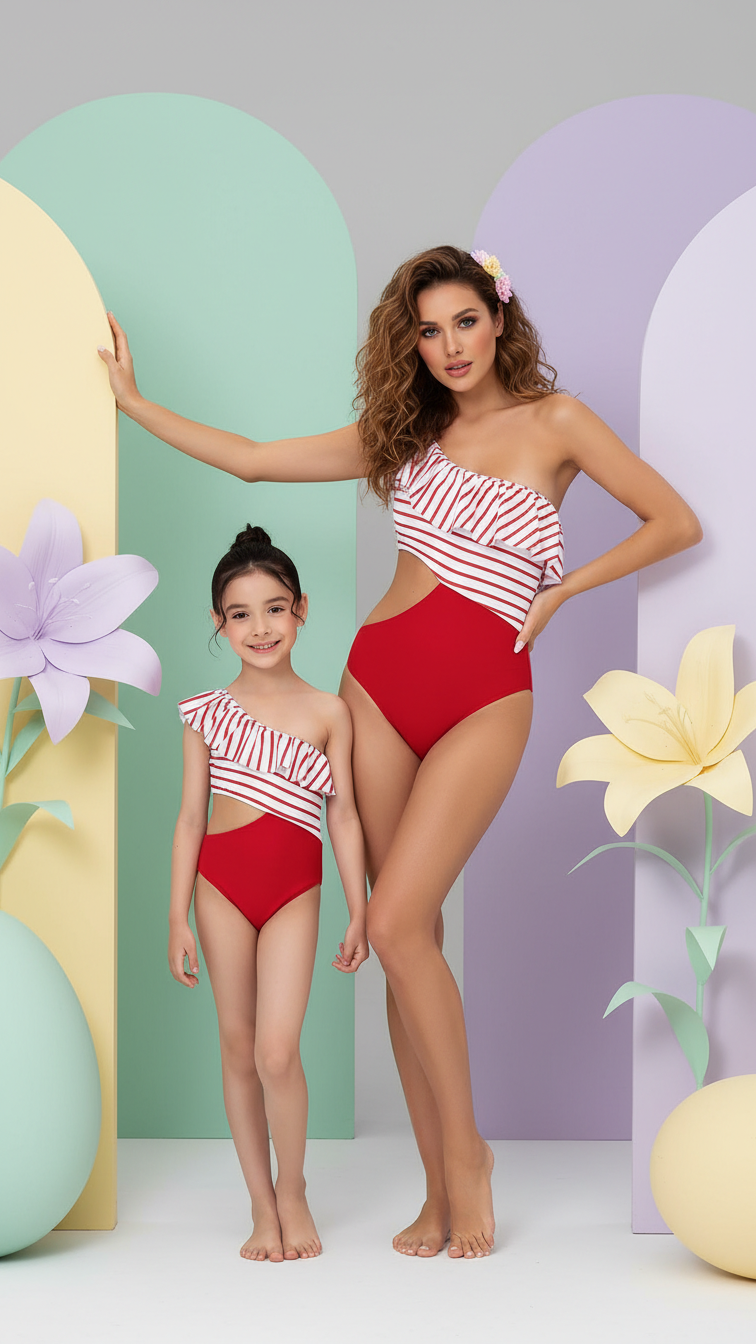 Bañador elegante de rayas con volantes y un solo hombro para mujer... | DLM