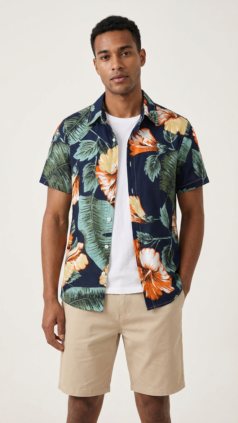 Additional image of family matching t-shirts with navy tropical print