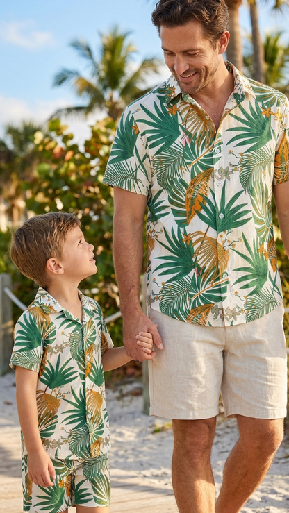 Product image of family matching t-shirts with tropical print