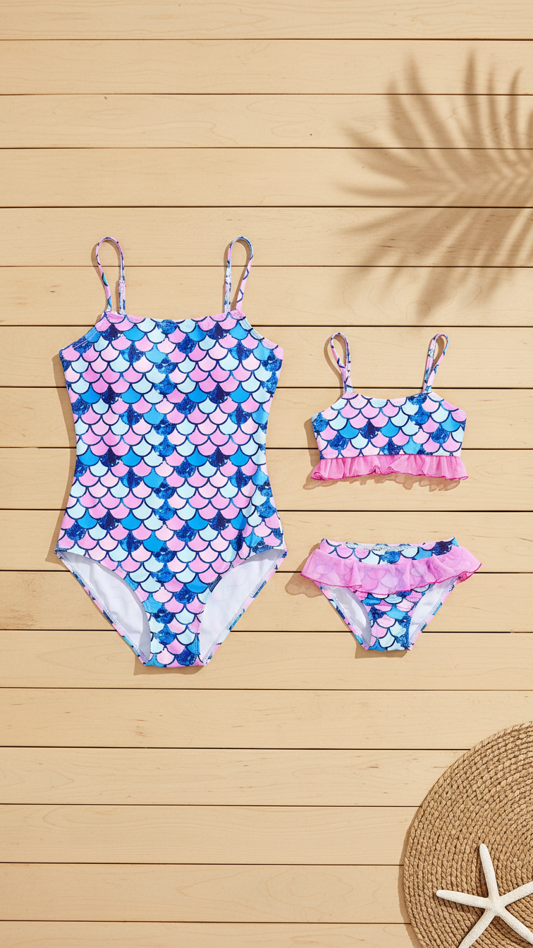 Alternate image of mommy and me bikini sets with mermaid scale