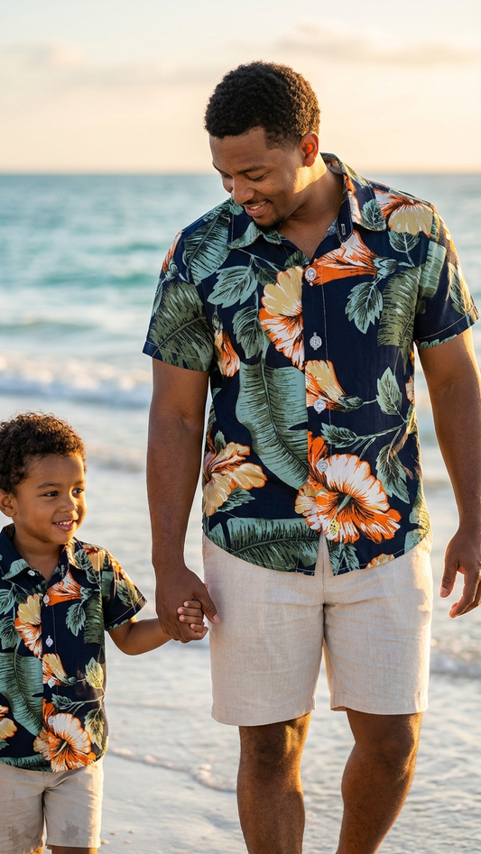 Product image of family matching t-shirts with navy tropical print - matching swimsuit for family