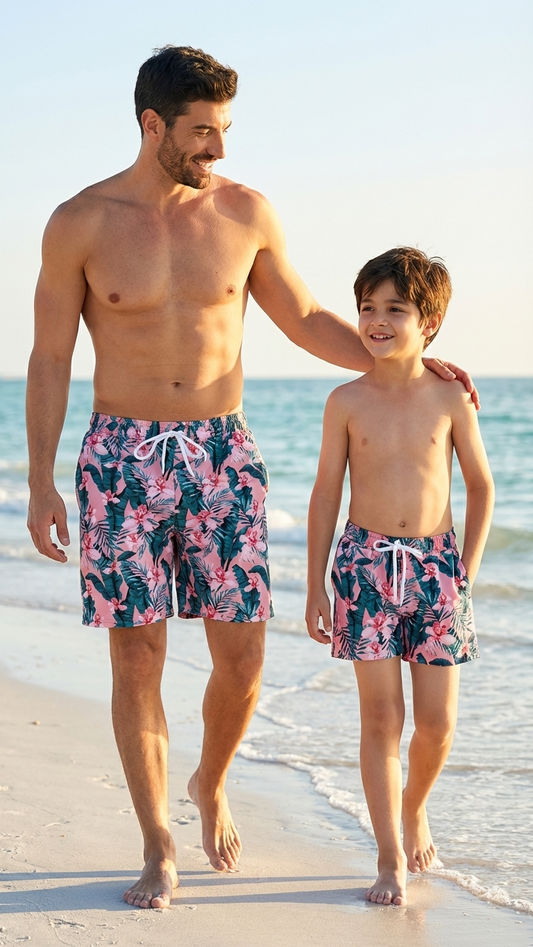 Product image of daddy and me swim trunks with tropical print - matching swim trunks for family