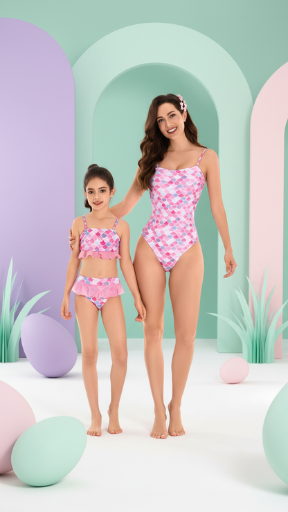 Elegante conjunto tankini con escamas de sirena en color rosa para madre e hija