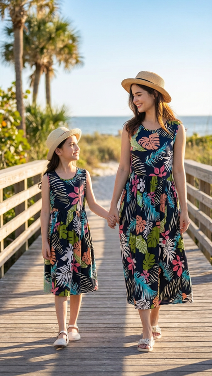 Detail image of mommy and me maxi dresses with floral print