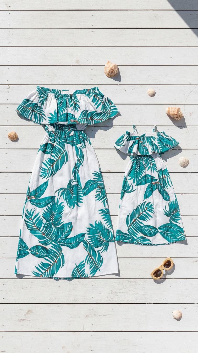Detail image of family matching matching sets with white green tropical print