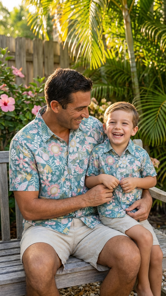 Product image of family matching t-shirts with green floral print - matching swimsuit for family