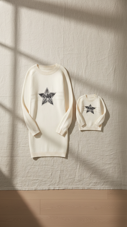 Vestido de punto con estrellas a juego, acogedor, color crema, para la familia... | DLM