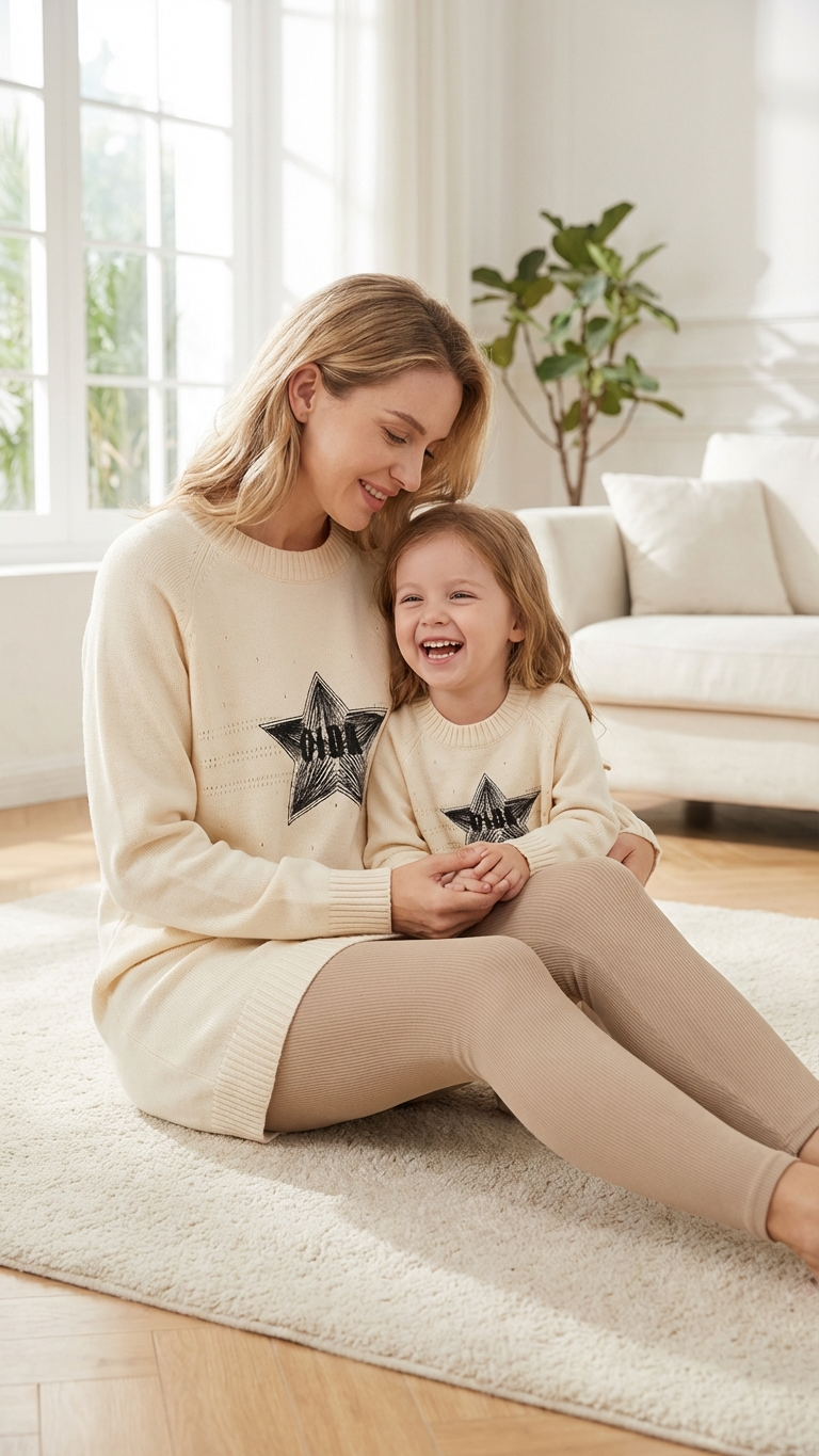 Mother and daughter sitting together on a rug in matching cream star knit sweater dresses