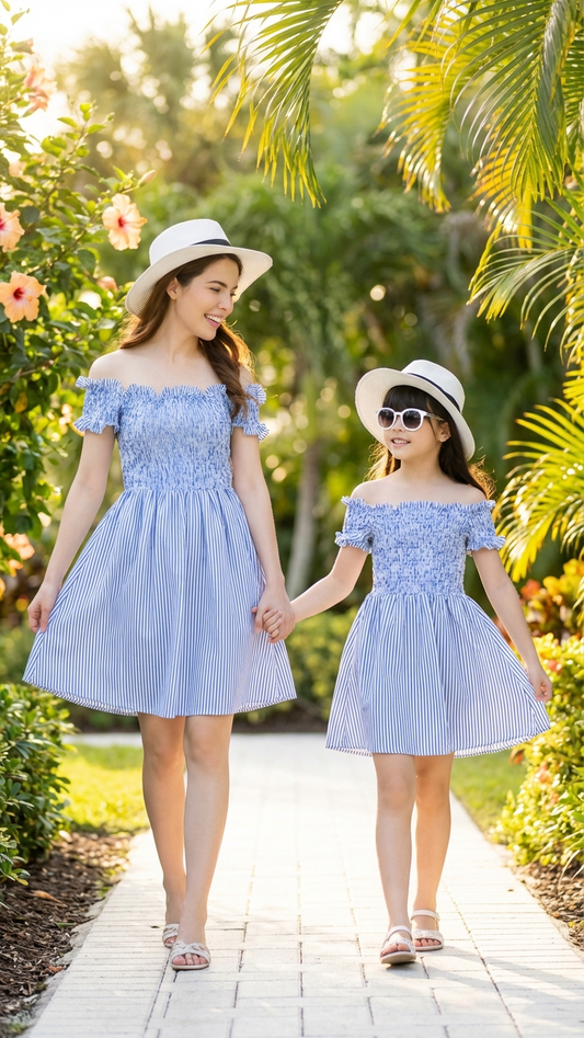 Mommy and Me Matching Blue Off-Shoulder Striped Dresses