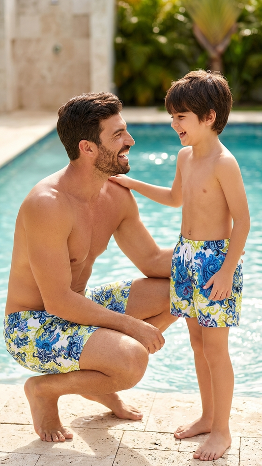 Product image of daddy and me swim trunks with blue yellow - matching swim trunks for family