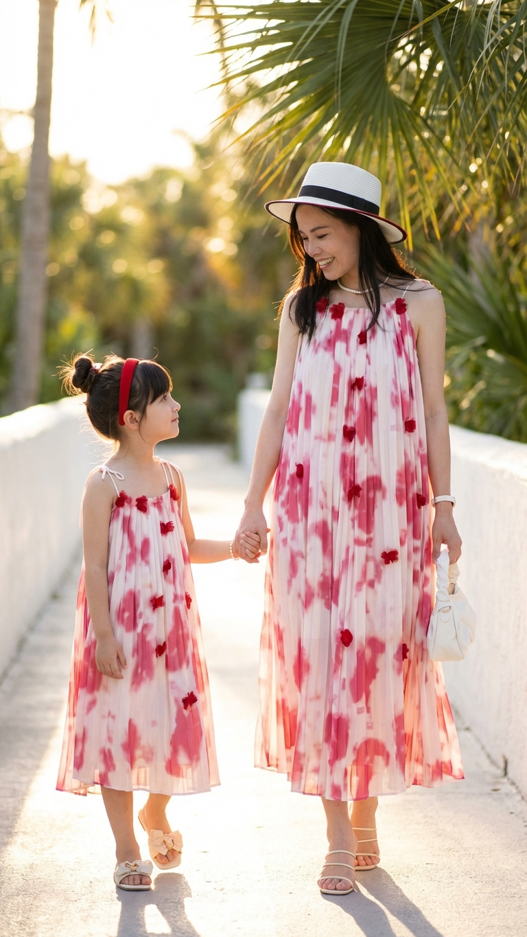 Product image of mommy and me maxi dresses with pink tie-dye print
