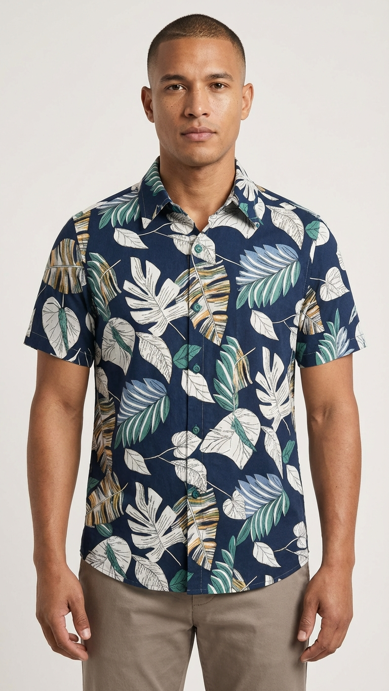 Detail image of family matching t-shirts with navy tropical print