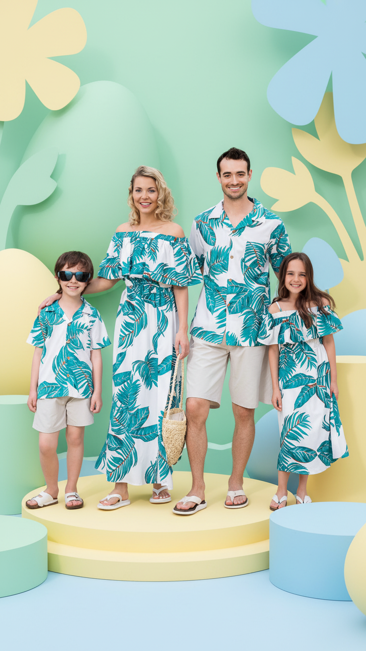 Product image of family matching matching sets with white green tropical print