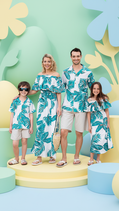 Product image of family matching matching sets with white green tropical print