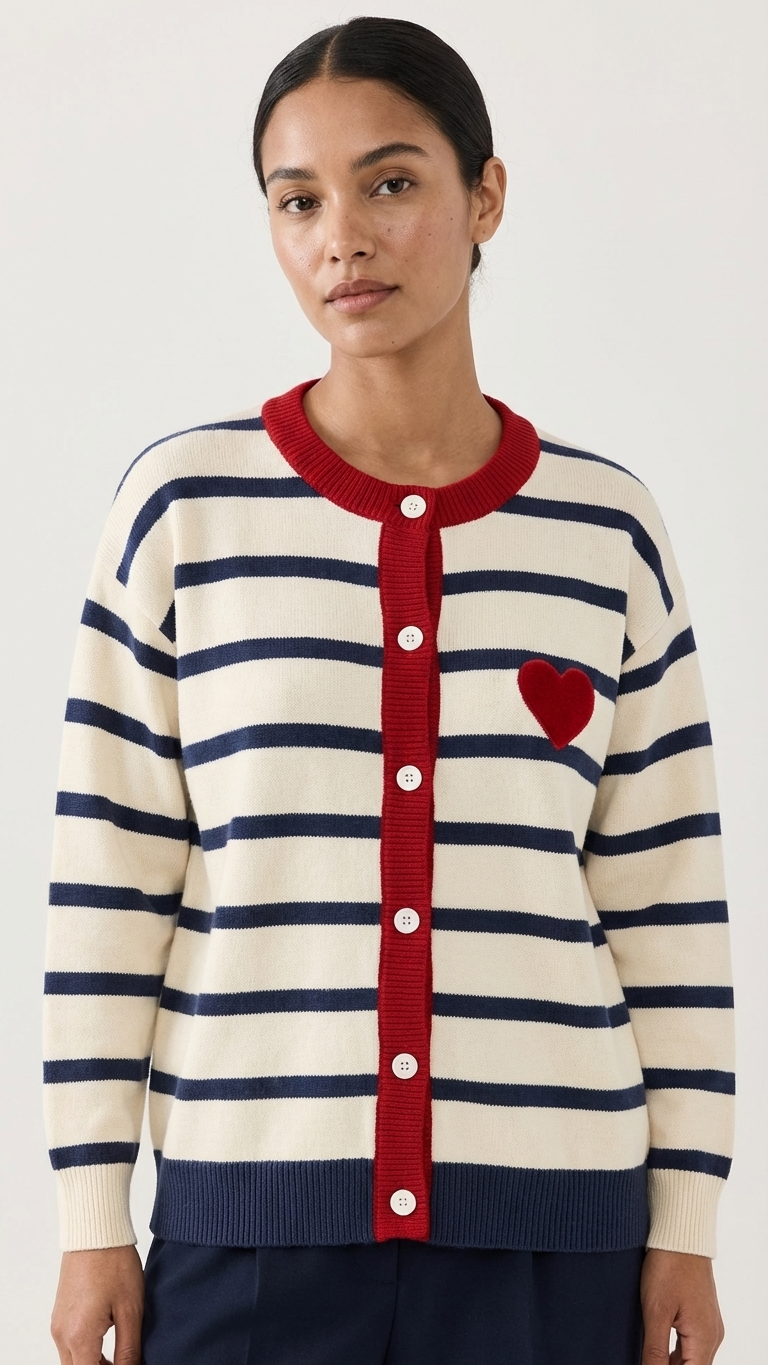 Alternate image of family matching cardigans with navy red striped
