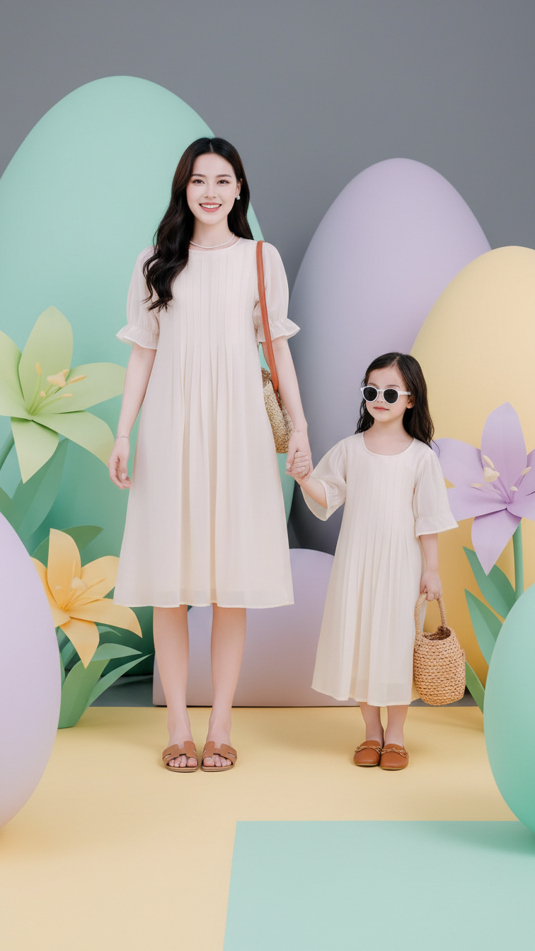 Elegant Beige Chiffon Dresses Mother & Daughter Sum... | DLM