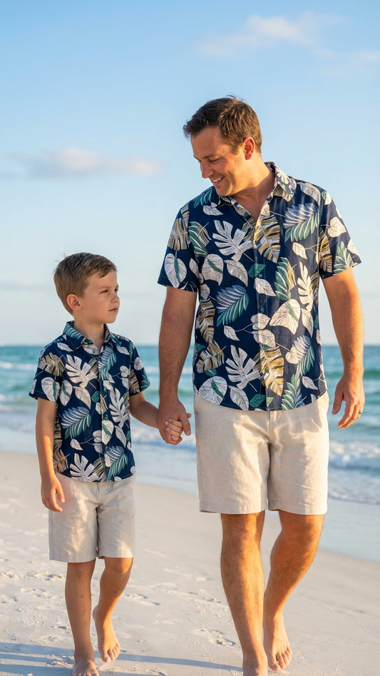 Product image of family matching t-shirts with navy tropical print - matching swimsuit for family