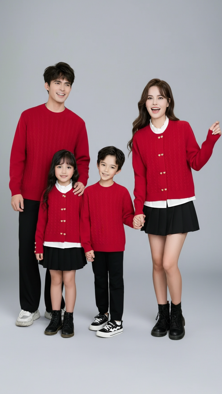 Alternate image of family matching cardigans with red heart print