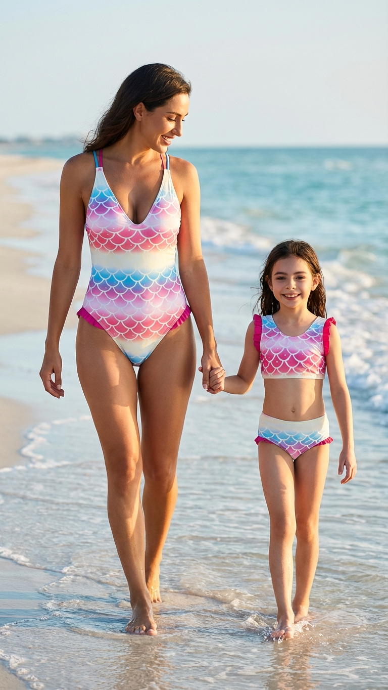 Product image of mommy and me swimsuits with mermaid scale