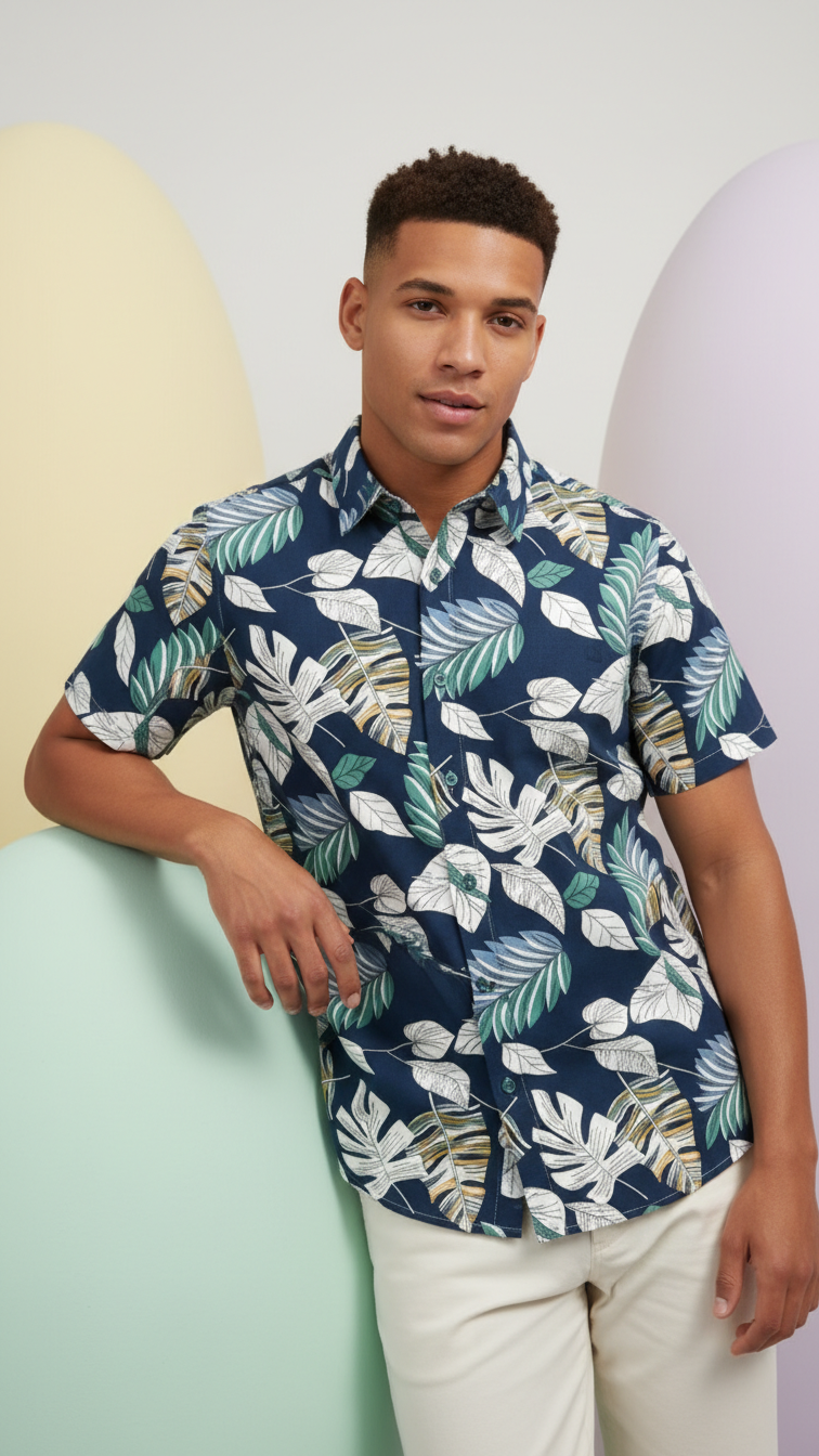 Additional image of family matching t-shirts with navy tropical print