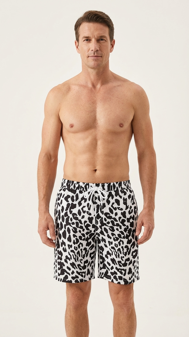 Detail image of family matching swim trunks with animal print