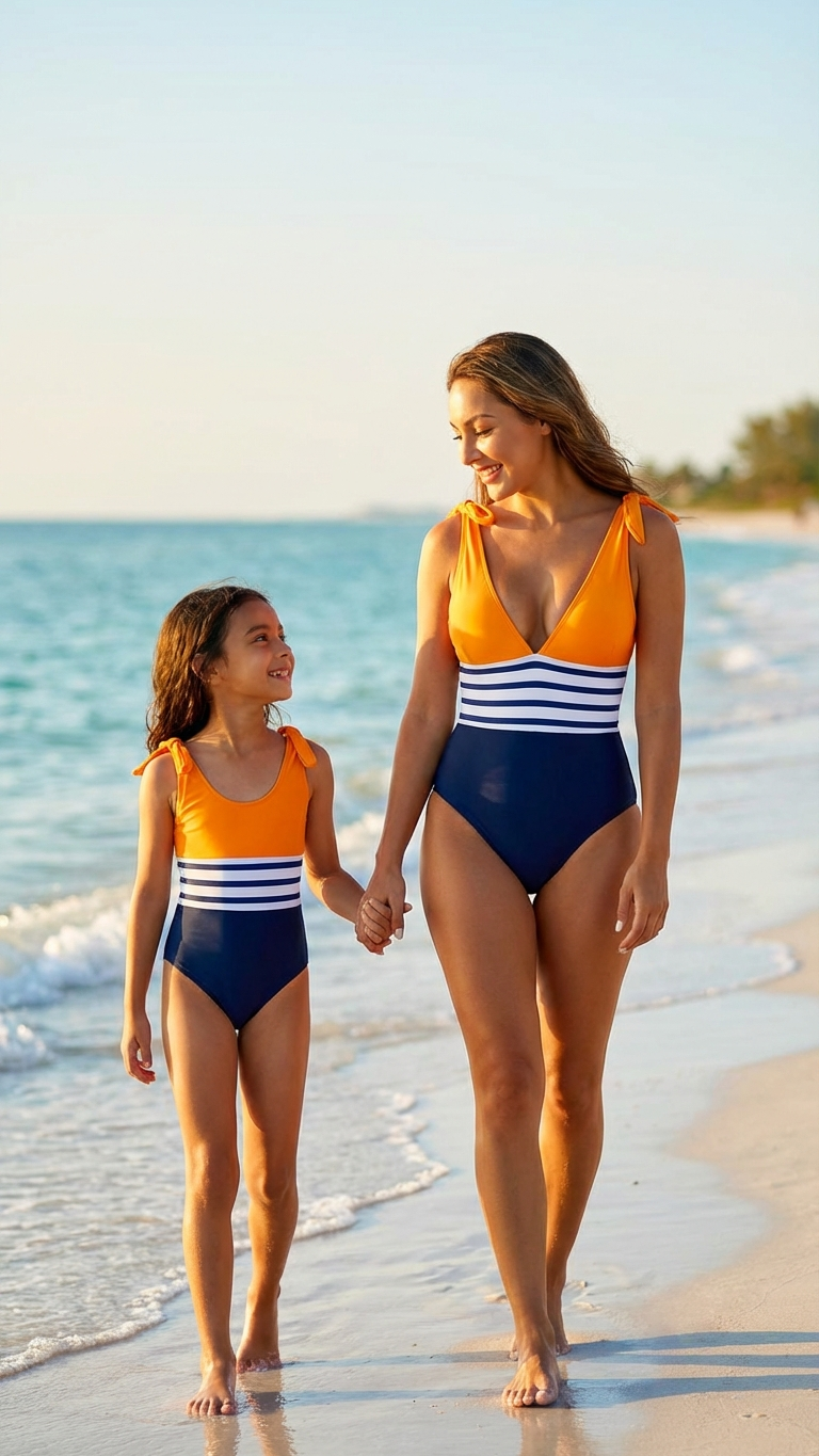 Product image of mommy and me one-piece swimsuits with striped