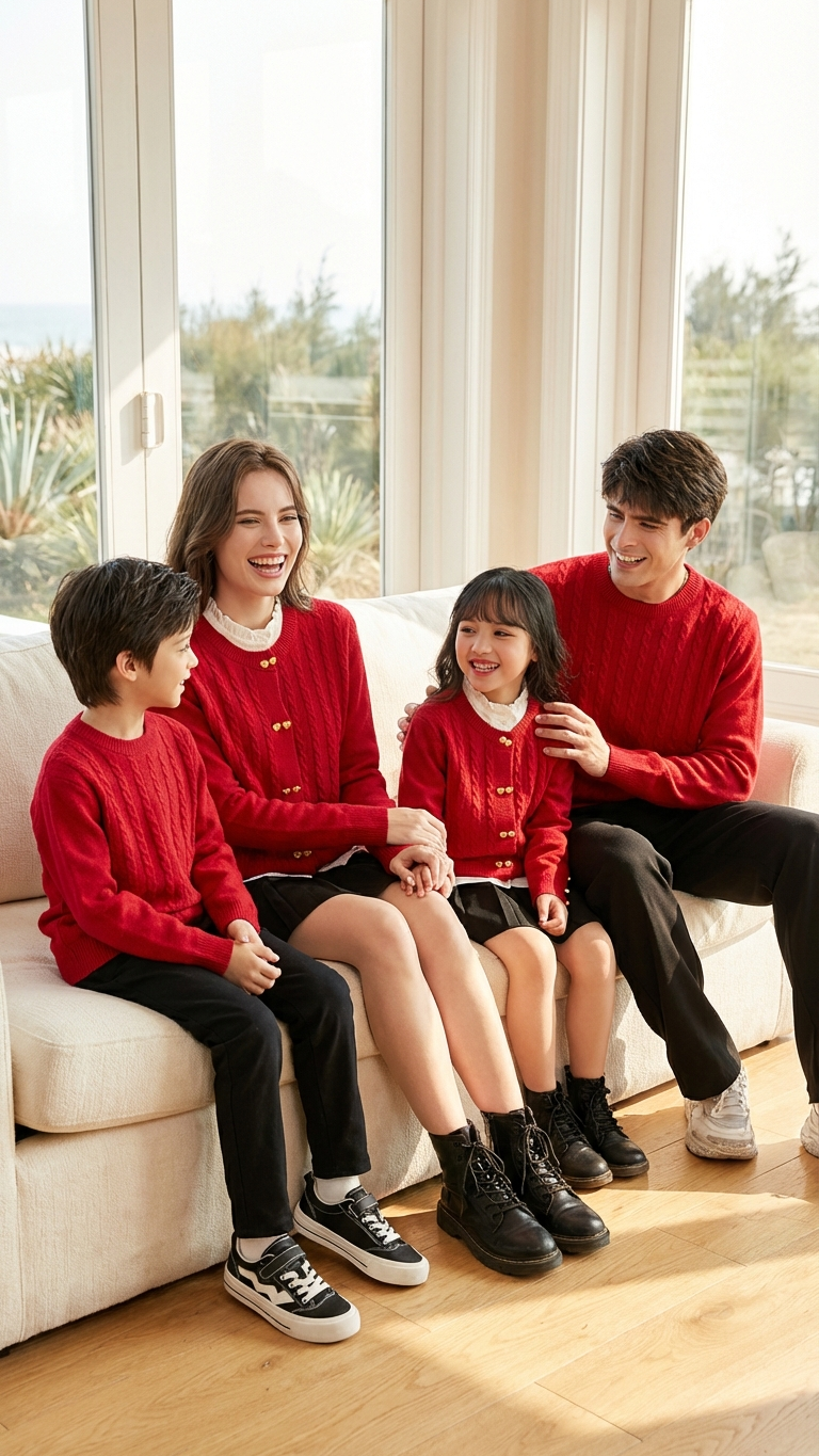 Family of four in matching red cable knit sweaters and cardigans with gold heart buttons on a living room sofa