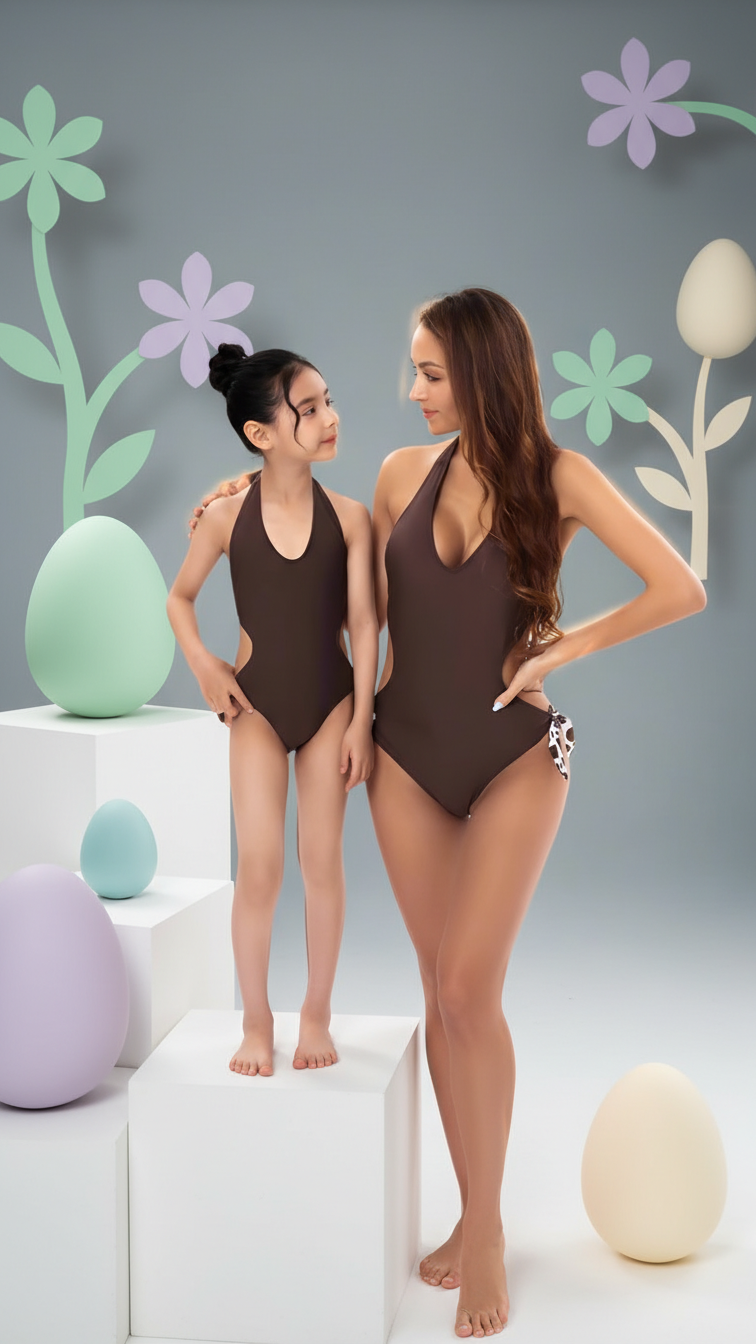 Additional image of mommy and me swimsuits with brown polka dot print