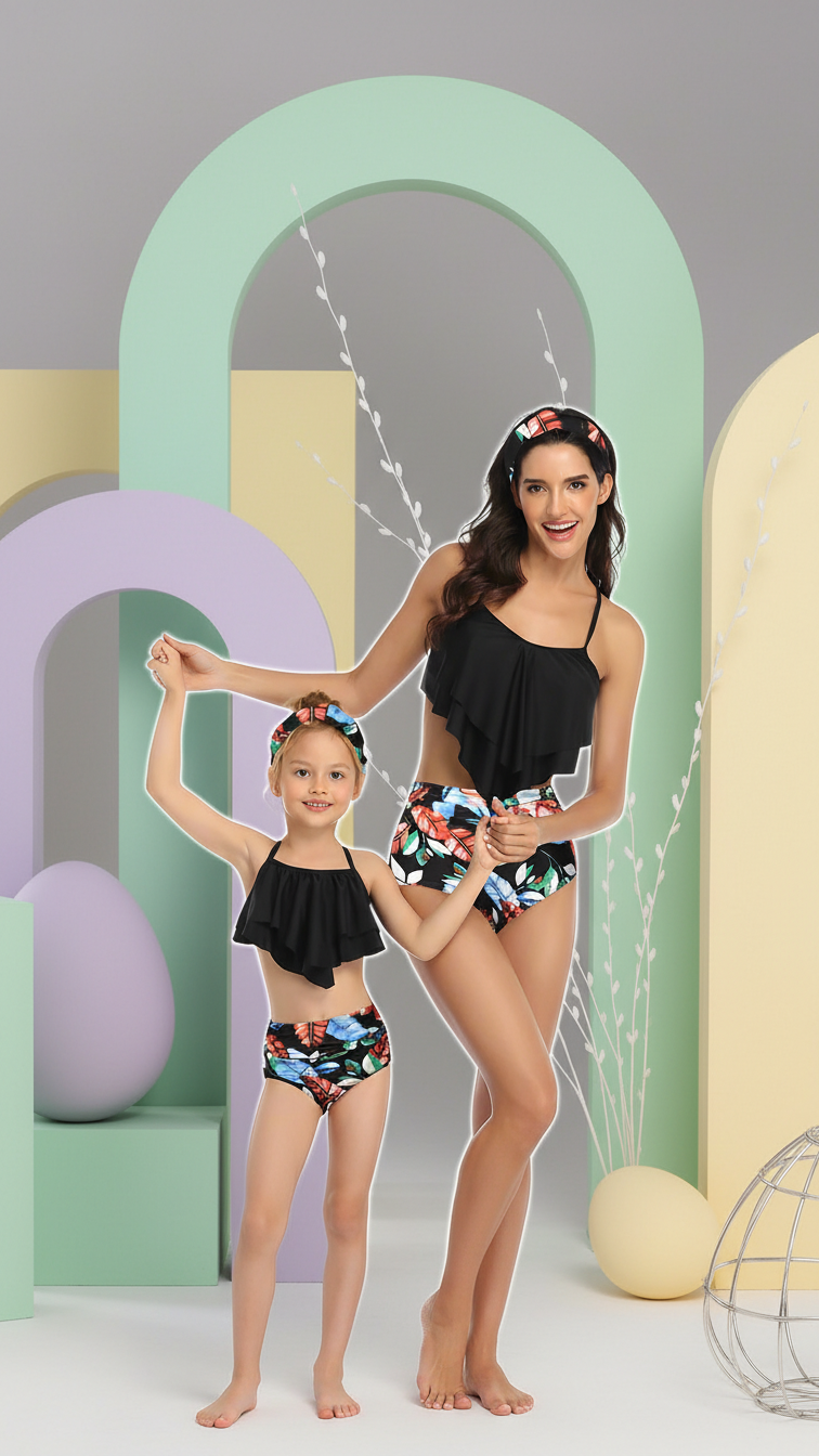 Product image of mommy and me bikini sets with ruffle sleeve - matching swimsuit for family