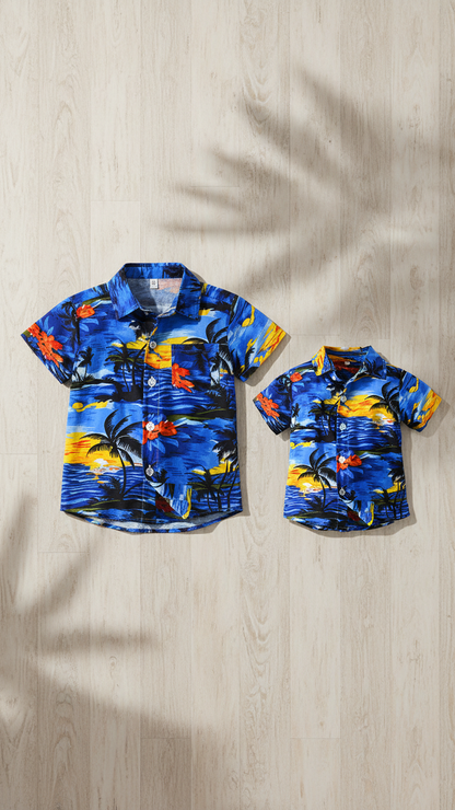 Alternate image of family matching t-shirts with blue tropical print