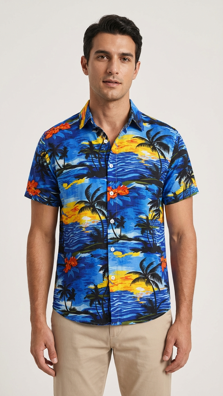 Additional image of family matching t-shirts with blue tropical print